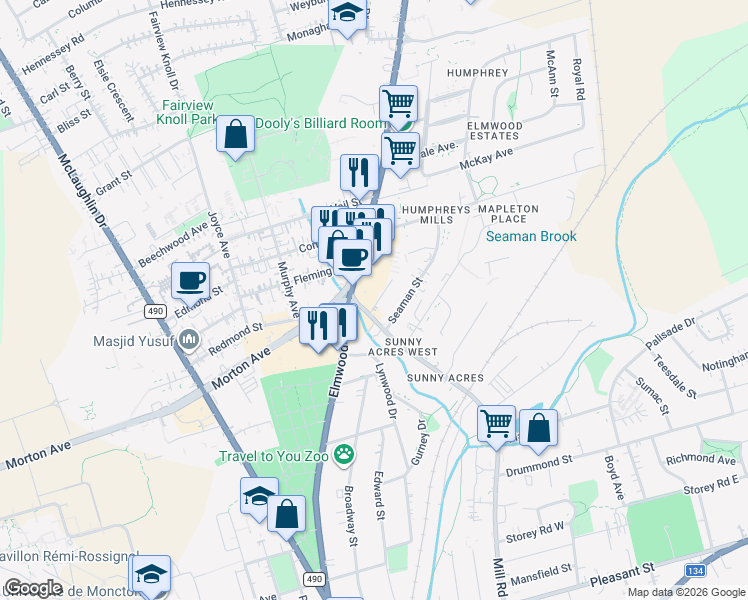 map of restaurants, bars, coffee shops, grocery stores, and more near 14 Ruth Street in Moncton