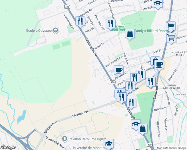 map of restaurants, bars, coffee shops, grocery stores, and more near 42 Donovan Terrace in Moncton
