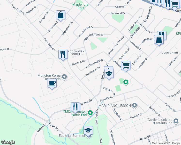 map of restaurants, bars, coffee shops, grocery stores, and more near Greenhaven Drive in Moncton