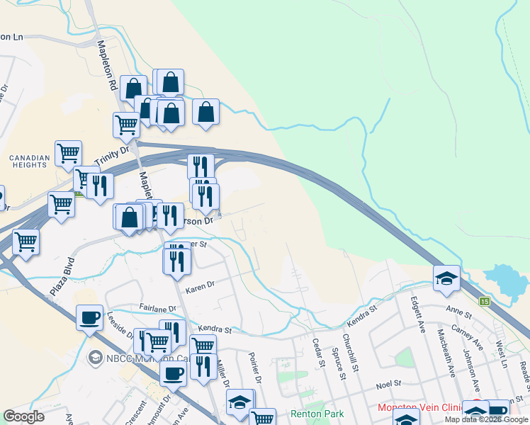 map of restaurants, bars, coffee shops, grocery stores, and more near 200 Carson Road in Moncton