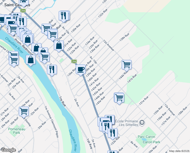 map of restaurants, bars, coffee shops, grocery stores, and more near 720 140e Rue in Saint-Georges