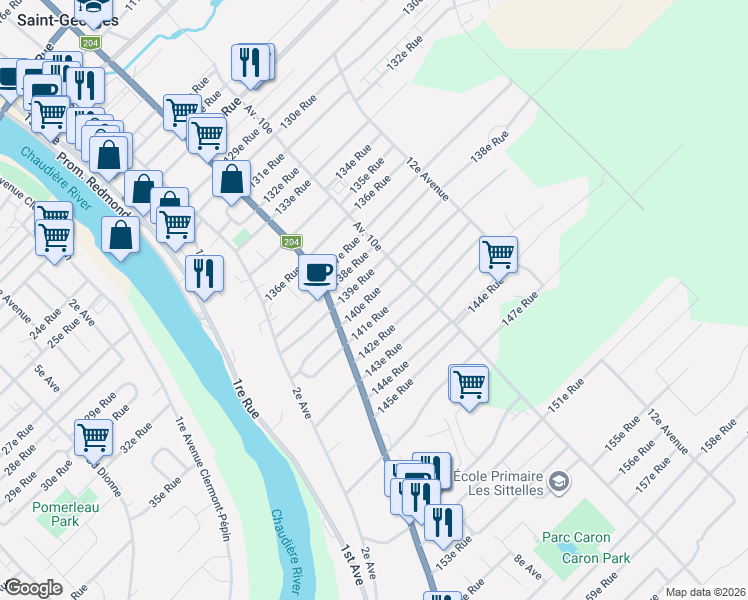 map of restaurants, bars, coffee shops, grocery stores, and more near 720 140e Rue in Saint-Georges