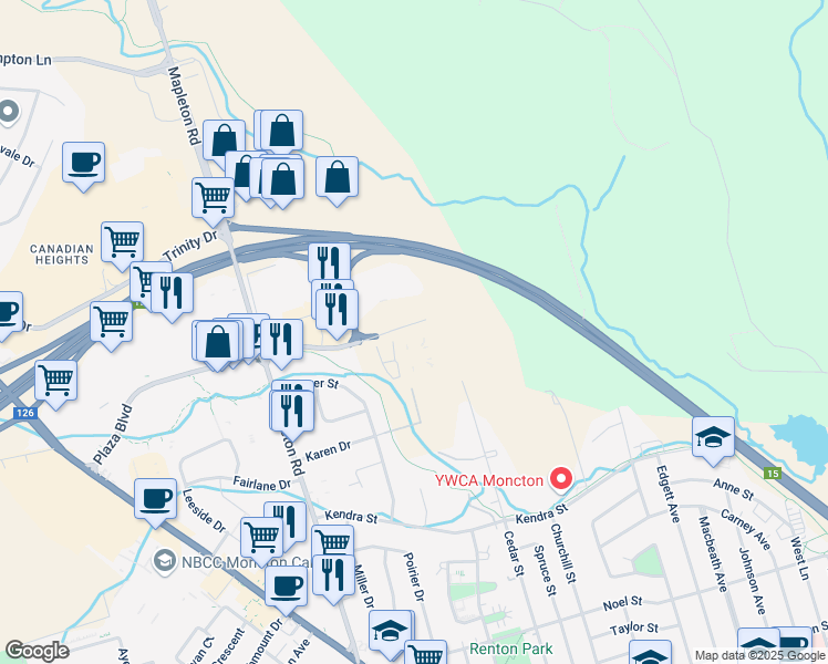 map of restaurants, bars, coffee shops, grocery stores, and more near 190 Carson Road in Moncton