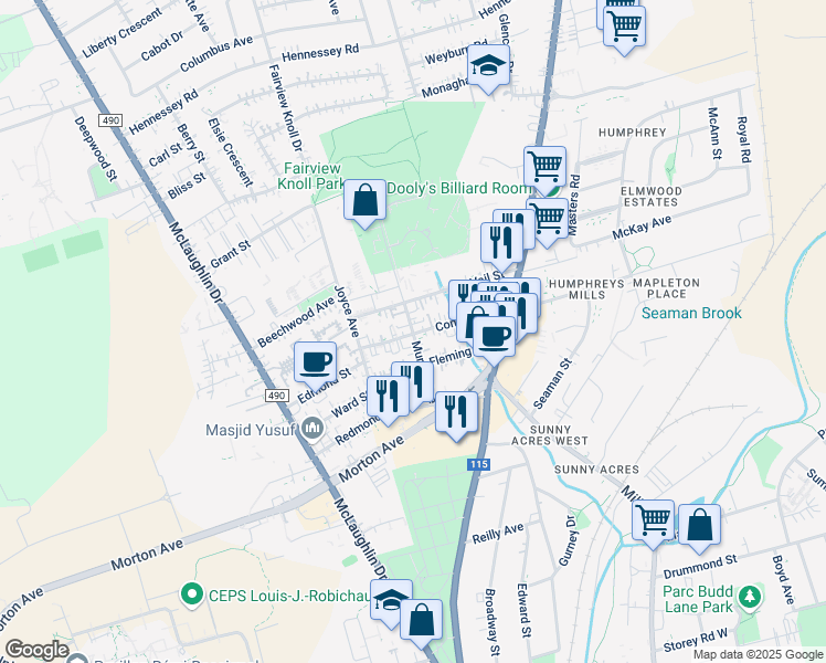 map of restaurants, bars, coffee shops, grocery stores, and more near Murphy Avenue in Moncton