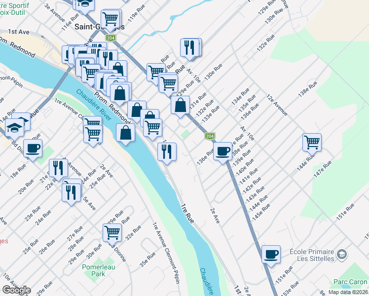 map of restaurants, bars, coffee shops, grocery stores, and more near 13370 Avenue 2e in Saint-Georges