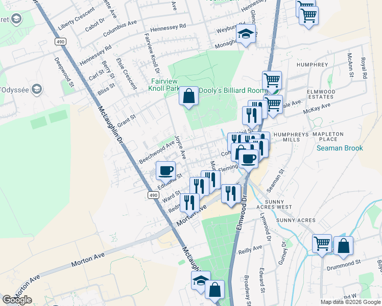 map of restaurants, bars, coffee shops, grocery stores, and more near 126 Vail Street in Moncton