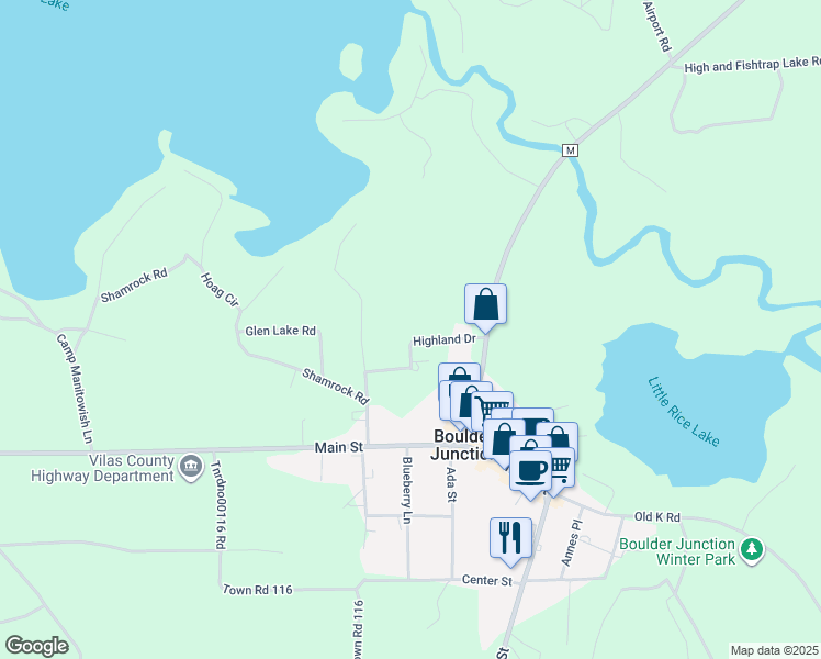 map of restaurants, bars, coffee shops, grocery stores, and more near 10436 Highland Drive in Boulder Junction