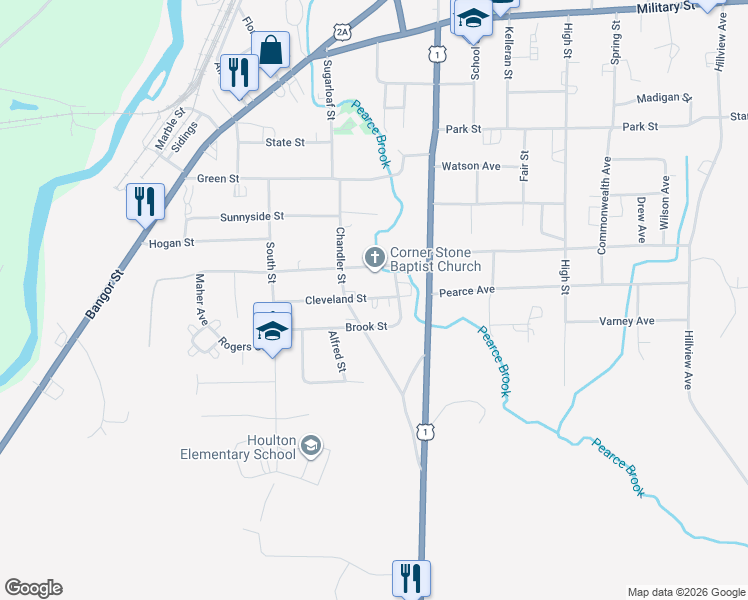 map of restaurants, bars, coffee shops, grocery stores, and more near 4 Cleveland Street in Houlton