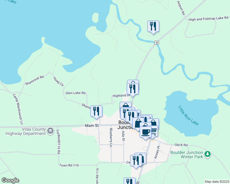 map of restaurants, bars, coffee shops, grocery stores, and more near 10436 Highland Drive in Boulder Junction
