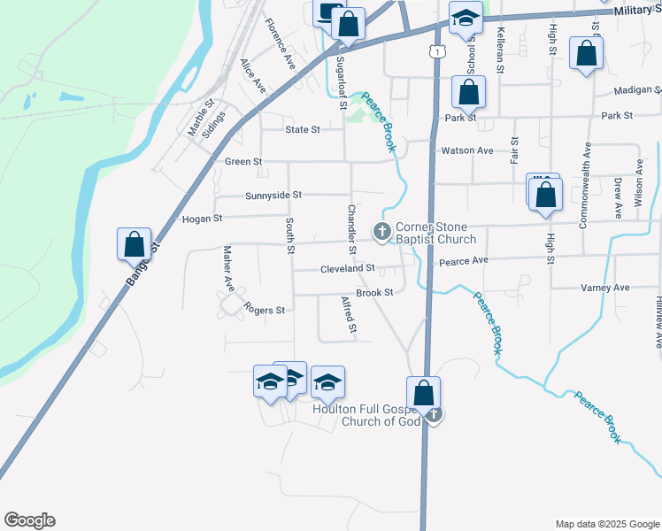 map of restaurants, bars, coffee shops, grocery stores, and more near 19 Cleveland Street in Houlton