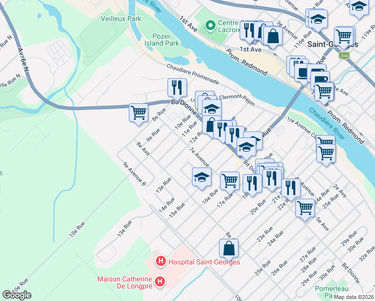 map of restaurants, bars, coffee shops, grocery stores, and more near 1200 7e Av in Saint-Georges