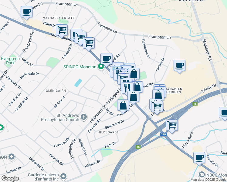 map of restaurants, bars, coffee shops, grocery stores, and more near 31 Hildegard Drive in Moncton