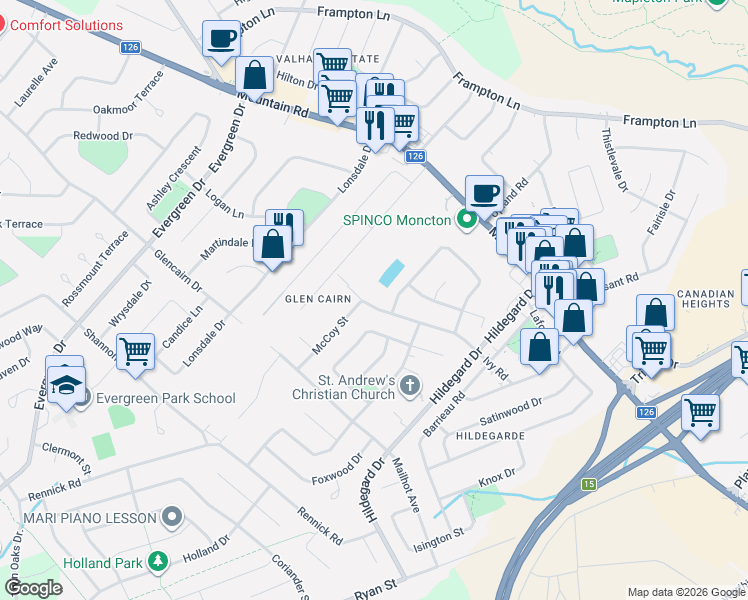 map of restaurants, bars, coffee shops, grocery stores, and more near 51 Barrington Crescent in Moncton