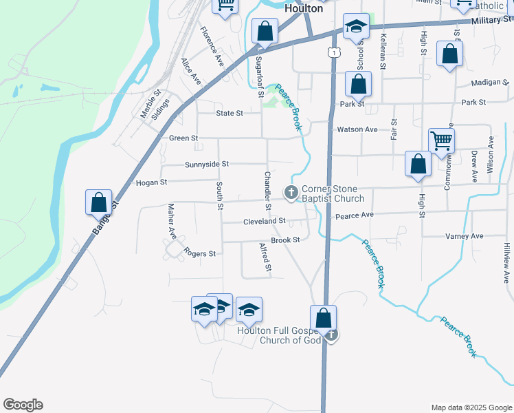 map of restaurants, bars, coffee shops, grocery stores, and more near 19 Cleveland Street in Houlton