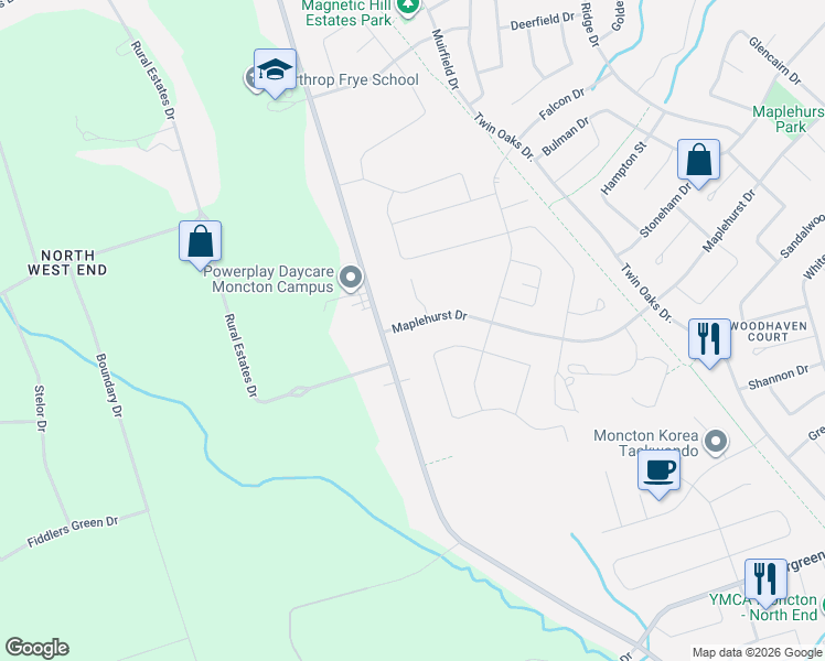 map of restaurants, bars, coffee shops, grocery stores, and more near 848 Maplehurst Drive in Moncton