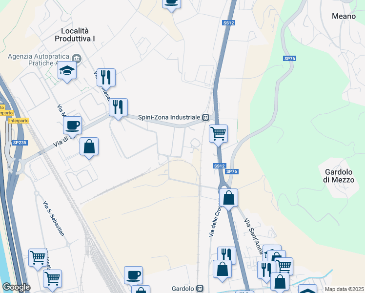 map of restaurants, bars, coffee shops, grocery stores, and more near via Kufstein in Località Produttiva I