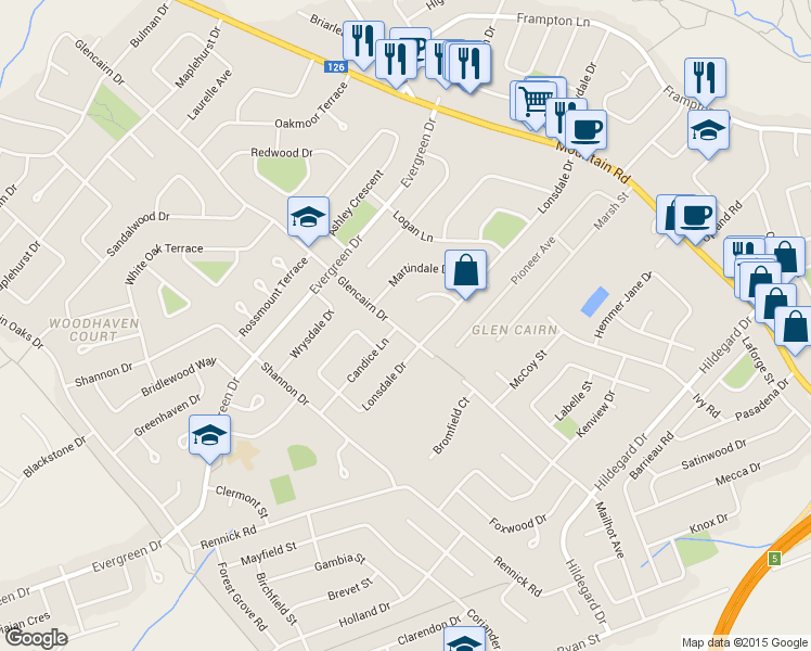 map of restaurants, bars, coffee shops, grocery stores, and more near 237 Glencairn Drive in Moncton