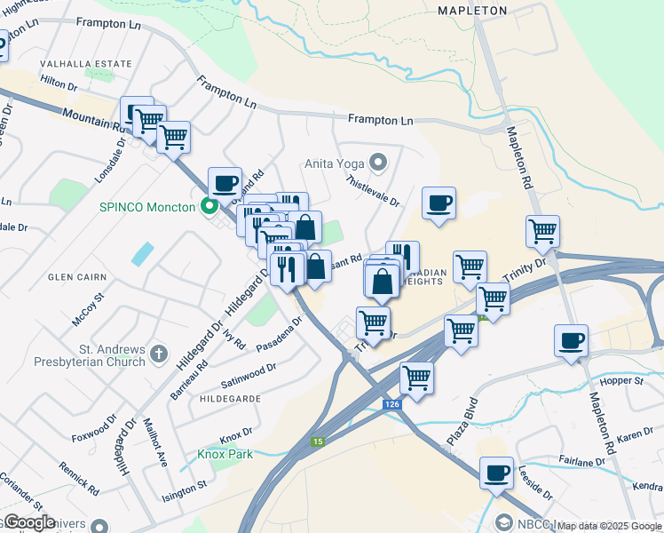 map of restaurants, bars, coffee shops, grocery stores, and more near 44 Mt Pleasant Rd in Moncton