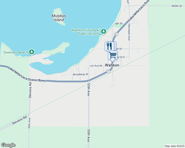 map of restaurants, bars, coffee shops, grocery stores, and more near 350 Main Street in Wahkon