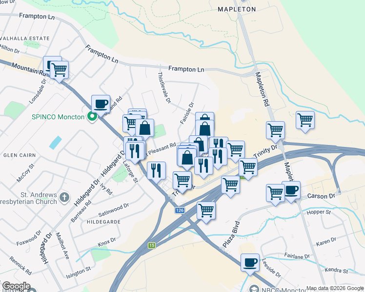 map of restaurants, bars, coffee shops, grocery stores, and more near 77 Mount Pleasant Road in Moncton