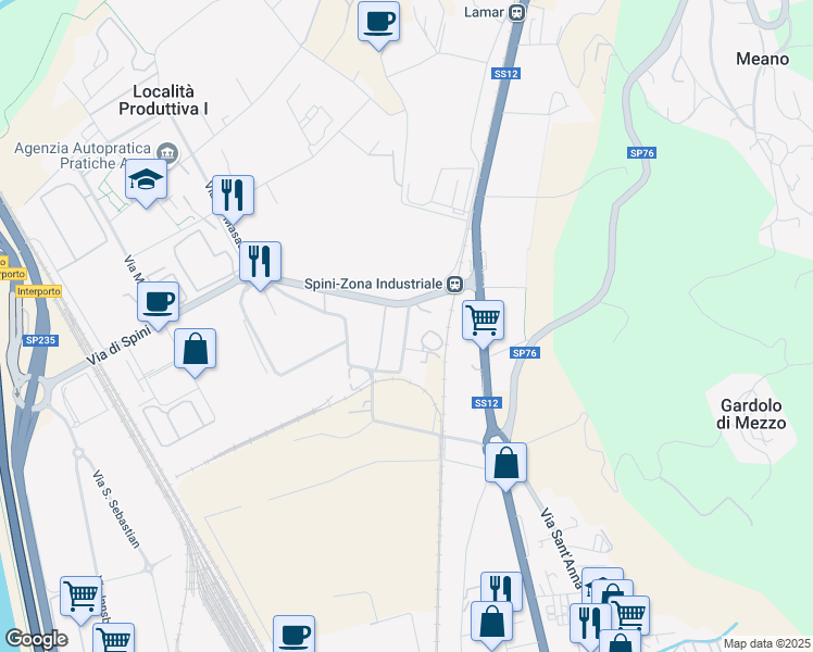 map of restaurants, bars, coffee shops, grocery stores, and more near via Kufstein in Località Produttiva I