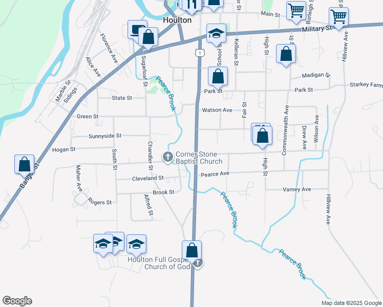 map of restaurants, bars, coffee shops, grocery stores, and more near 87 Court Street in Houlton