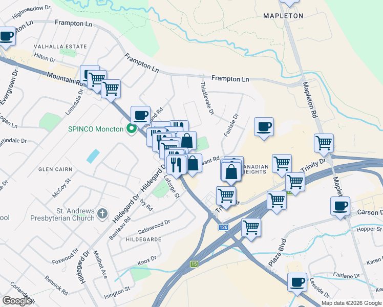 map of restaurants, bars, coffee shops, grocery stores, and more near in Moncton