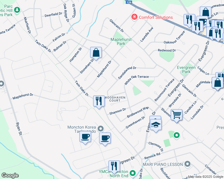 map of restaurants, bars, coffee shops, grocery stores, and more near 172 Sandalwood Drive in Moncton