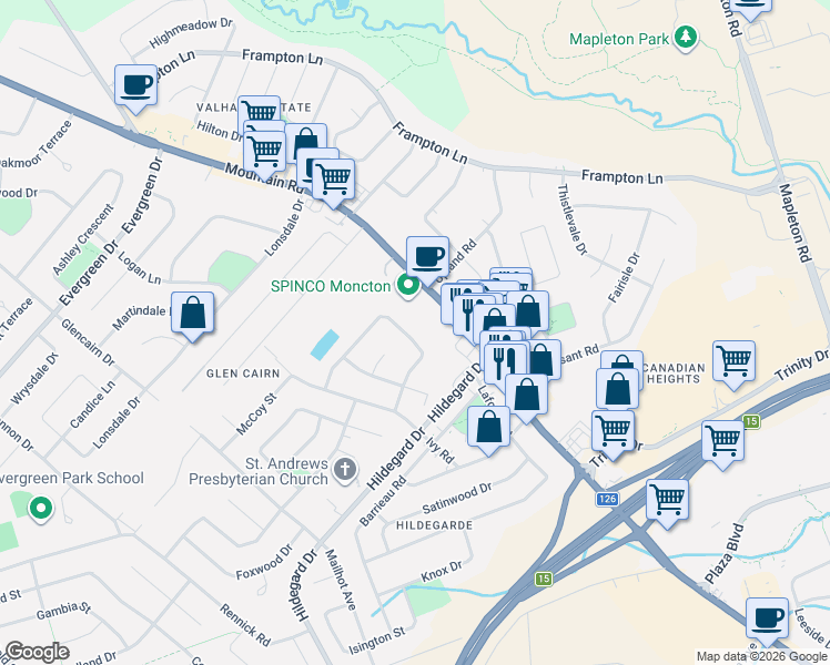 map of restaurants, bars, coffee shops, grocery stores, and more near 68 Hemmer Jane Drive in Moncton