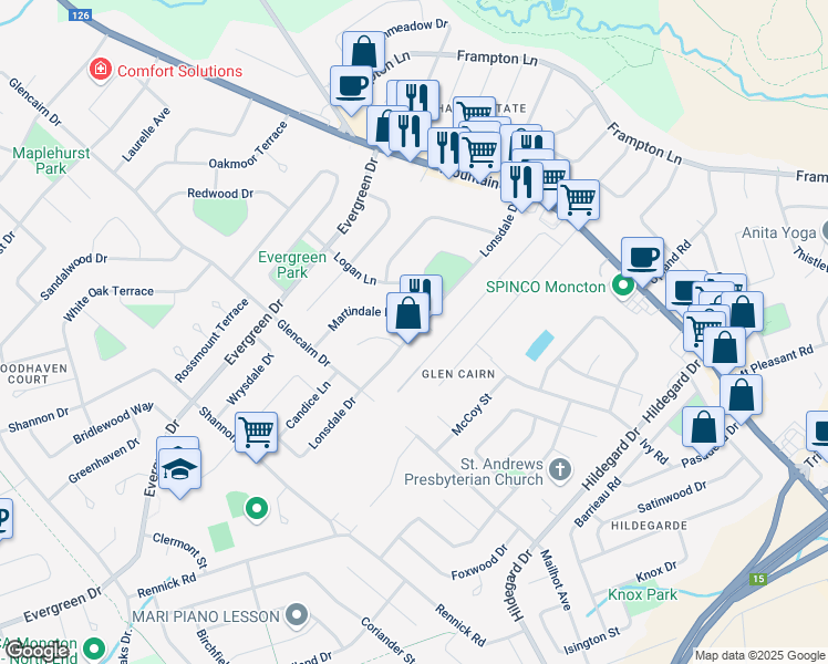 map of restaurants, bars, coffee shops, grocery stores, and more near Lonsdale Drive in Moncton