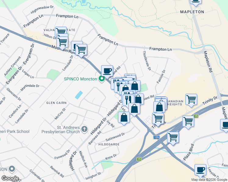 map of restaurants, bars, coffee shops, grocery stores, and more near 1670 Mountain Road in Moncton