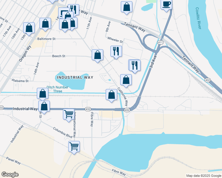 map of restaurants, bars, coffee shops, grocery stores, and more near 605 California Way in Longview