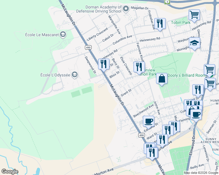 map of restaurants, bars, coffee shops, grocery stores, and more near 430 Chemin McLaughlin Road in Moncton
