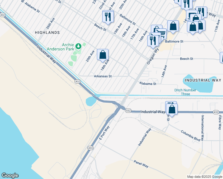 map of restaurants, bars, coffee shops, grocery stores, and more near 122 16th Avenue in Longview