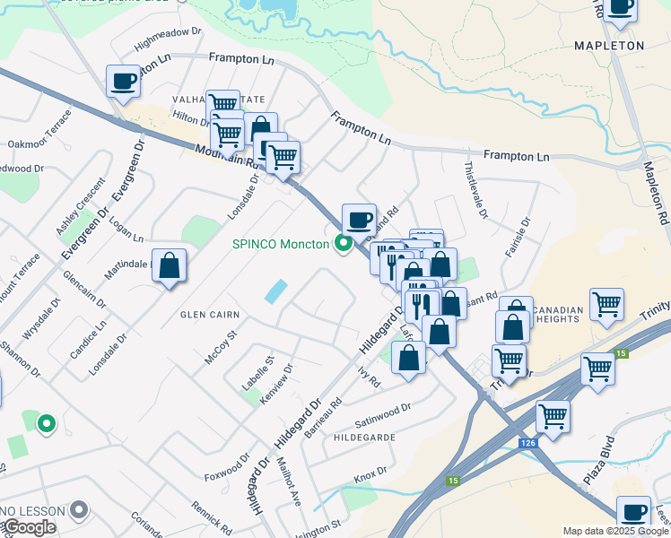 map of restaurants, bars, coffee shops, grocery stores, and more near 89 Hemmer Jane Drive in Moncton