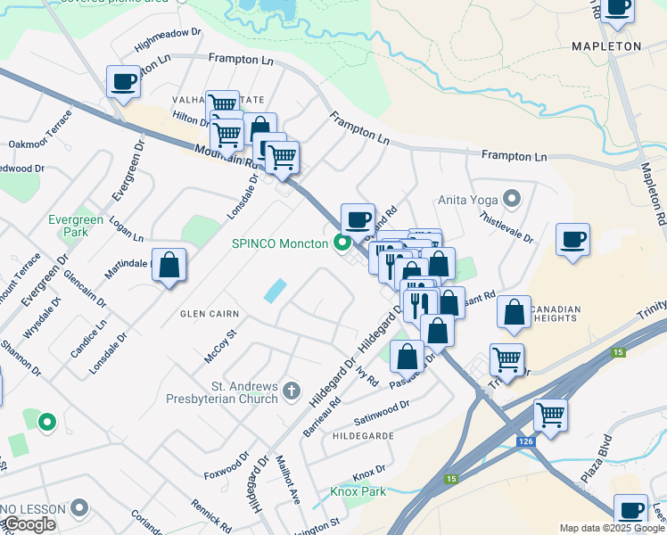 map of restaurants, bars, coffee shops, grocery stores, and more near 91 Hemmer Jane Drive in Moncton
