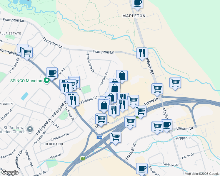 map of restaurants, bars, coffee shops, grocery stores, and more near in Moncton