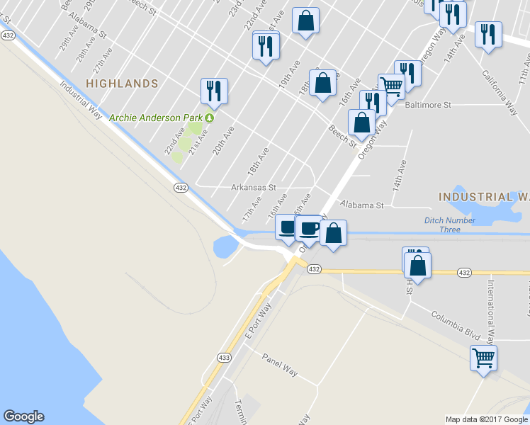 map of restaurants, bars, coffee shops, grocery stores, and more near 151 16th Avenue in Longview