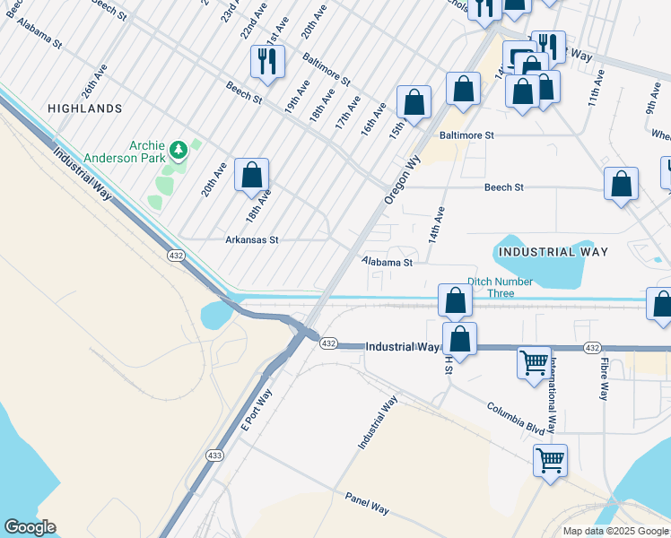 map of restaurants, bars, coffee shops, grocery stores, and more near 225 Oregon Way in Longview