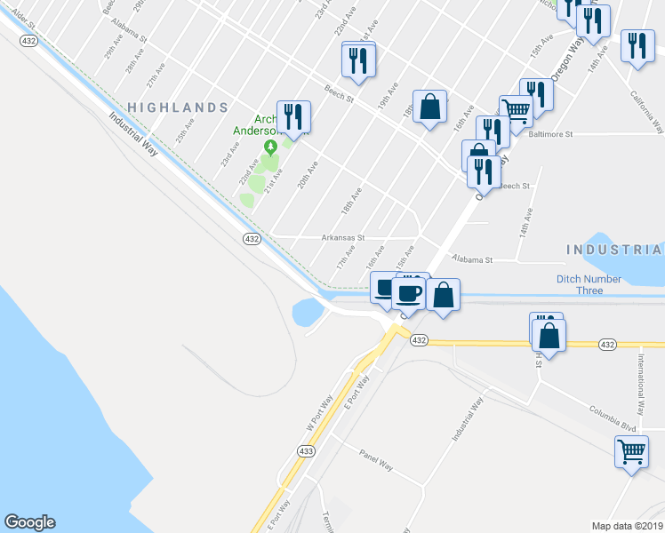 map of restaurants, bars, coffee shops, grocery stores, and more near 139 17th Avenue in Longview