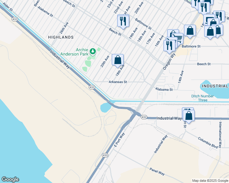 map of restaurants, bars, coffee shops, grocery stores, and more near 123 17th Avenue in Longview