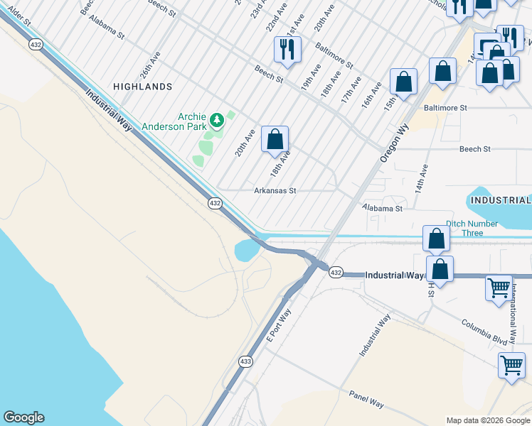 map of restaurants, bars, coffee shops, grocery stores, and more near 139 17th Avenue in Longview