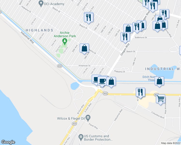 map of restaurants, bars, coffee shops, grocery stores, and more near 135 16th Avenue in Longview
