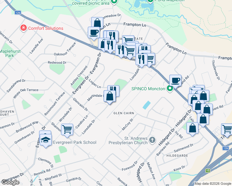 map of restaurants, bars, coffee shops, grocery stores, and more near in Moncton