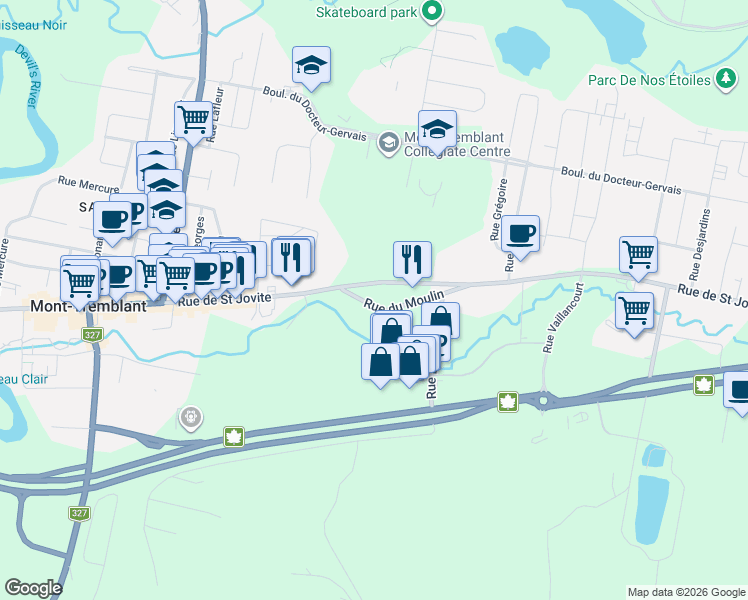 map of restaurants, bars, coffee shops, grocery stores, and more near 636 Rue du Moulin in Mont-Tremblant