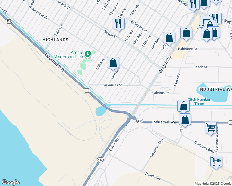 map of restaurants, bars, coffee shops, grocery stores, and more near 151 16th Avenue in Longview