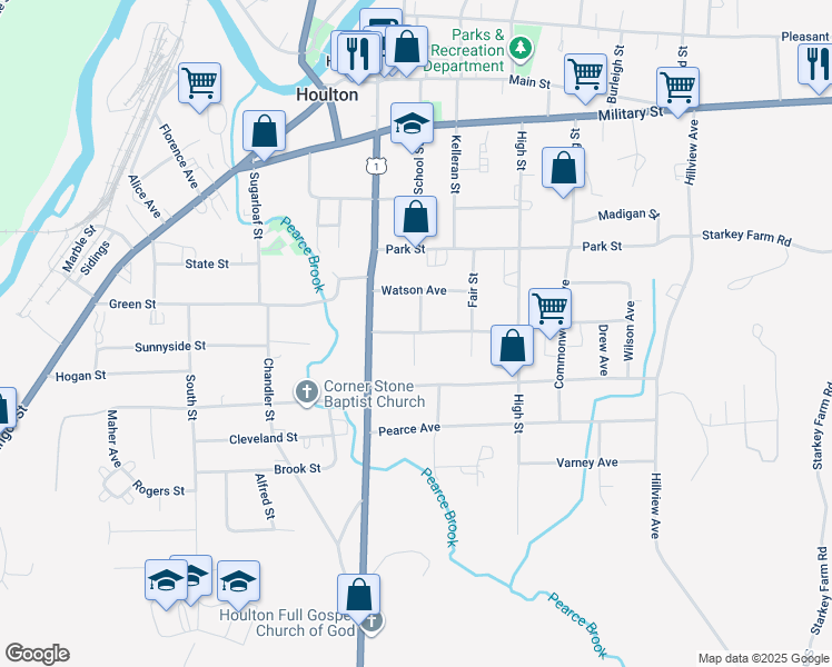 map of restaurants, bars, coffee shops, grocery stores, and more near 15 Weeks Avenue in Houlton