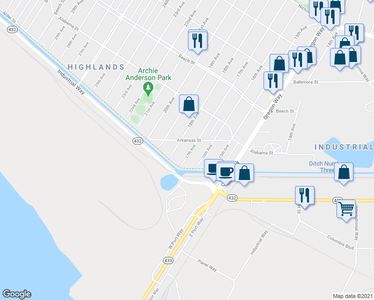 map of restaurants, bars, coffee shops, grocery stores, and more near 139 17th Avenue in Longview