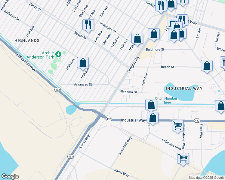 map of restaurants, bars, coffee shops, grocery stores, and more near 225 Oregon Way in Longview