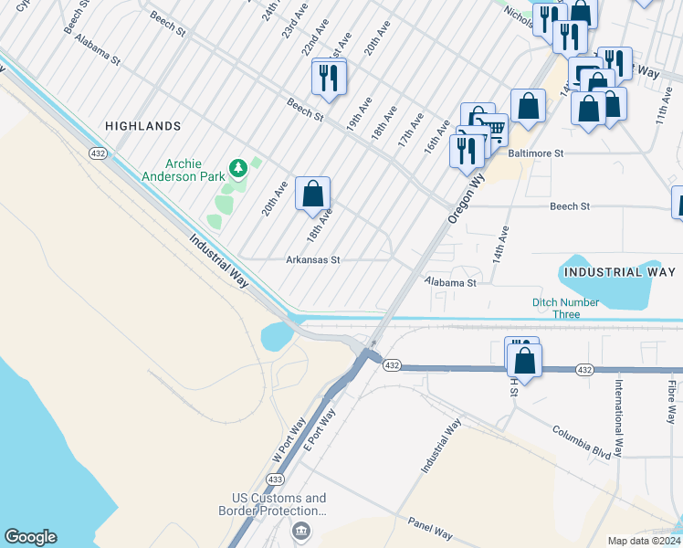 map of restaurants, bars, coffee shops, grocery stores, and more near 151 16th Avenue in Longview